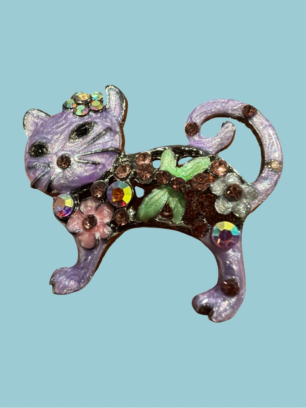 Purple Enamel Cat Brooch with Pink and Green Accents